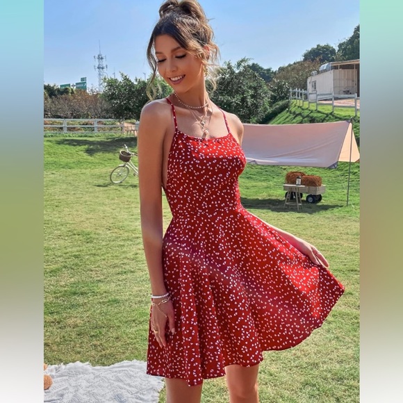 Confetti Heart Print Crisscross Tie Backless Cami Summer Dress Size Small - Picture 3 of 9